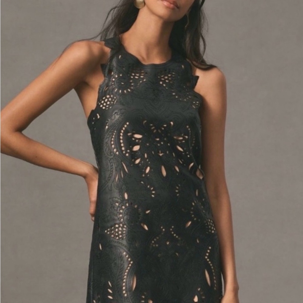 Anthropologie Faux Leather Cutout Mini Dress L Black Sleeveless Cocktail